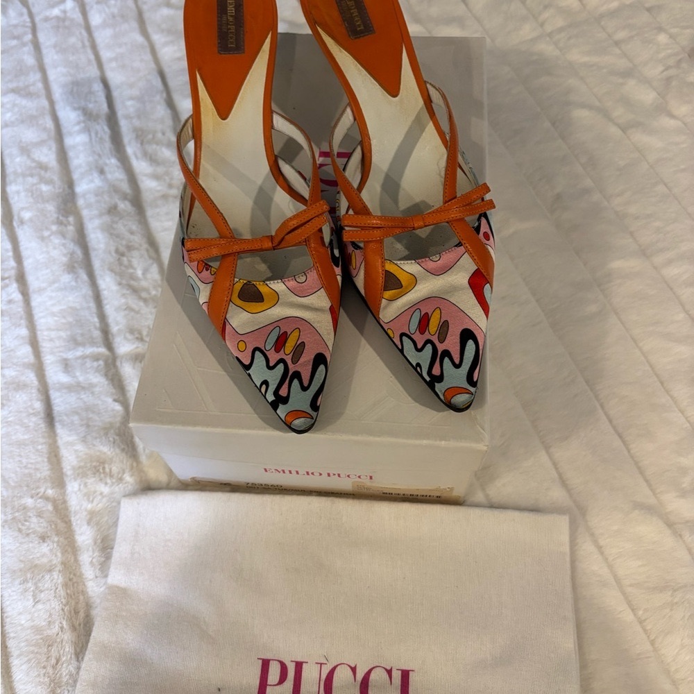 Emilio Pucci Orange Heels with Artistic Design Size 38